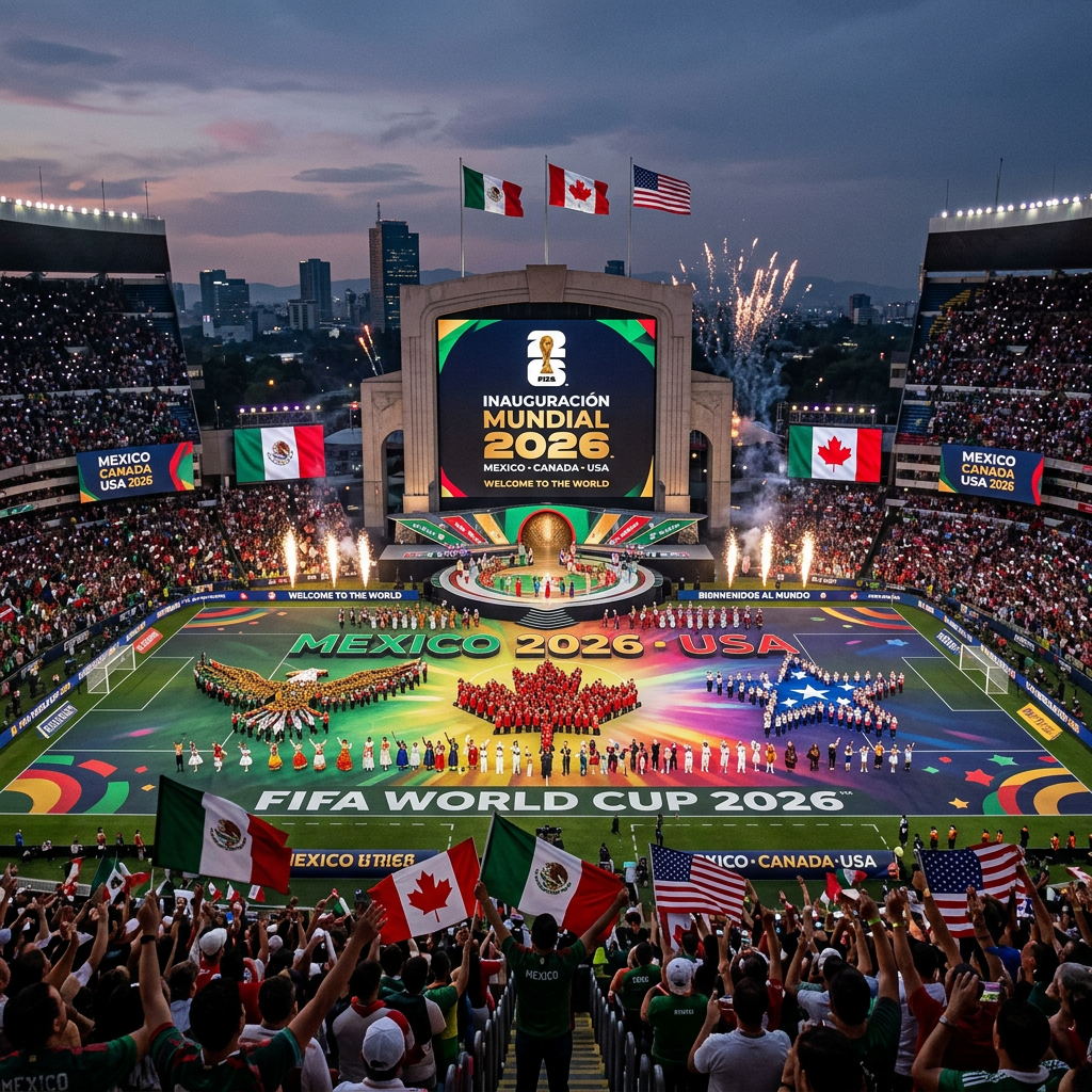 Stadium filled with fans and performers during the FIFA World Cup 2026 opening ceremony with flags of Mexico, Canada, and USA